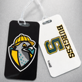 Two luggage tags with a logo and text on a gray background