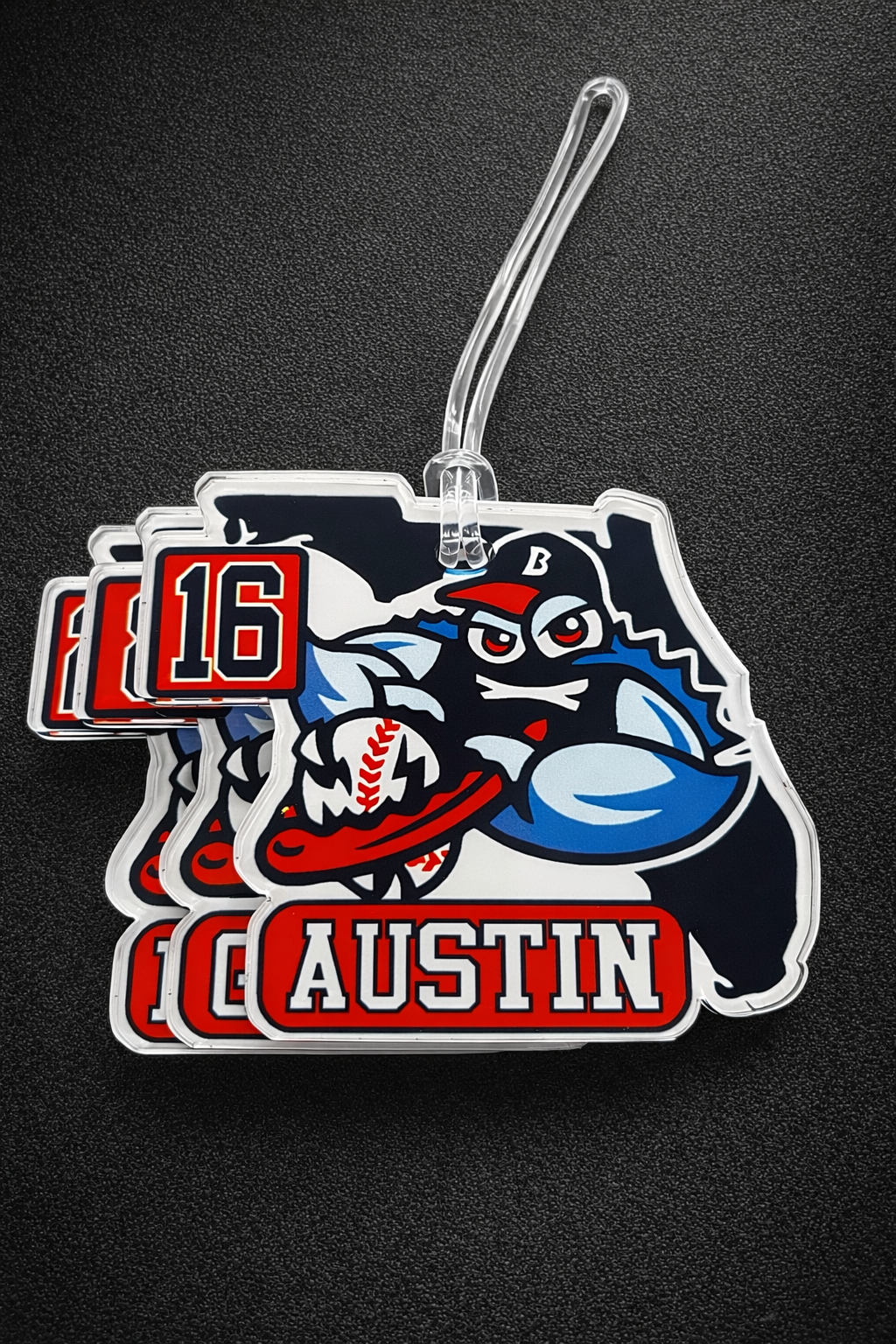 Bag tag with a sports team logo and text on a dark background