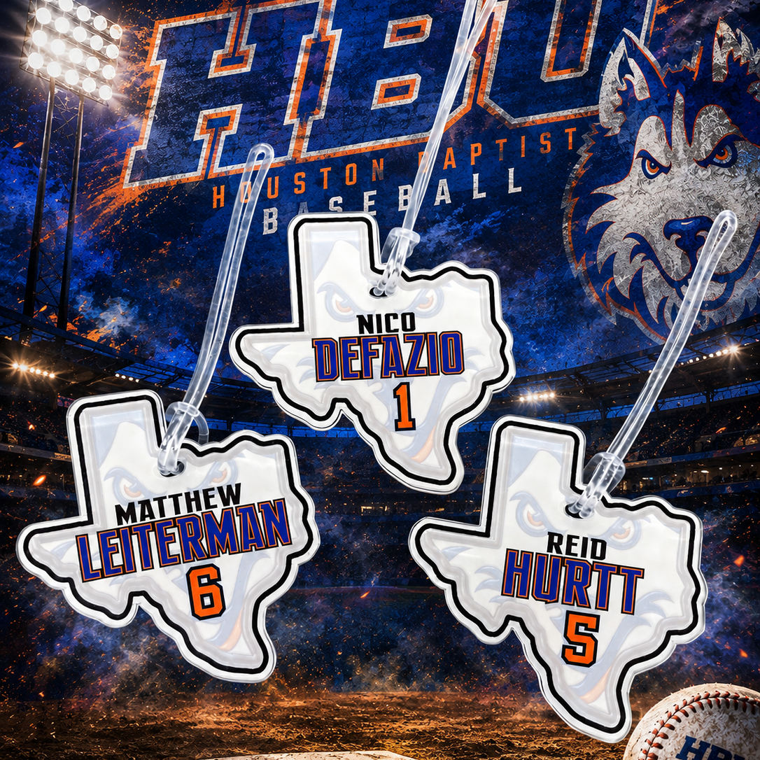 Three HBU baseball player name tags shaped like Texas state silhouettes, featuring player names Matthew Letterman, Nico Defazio, and Reid Hurrt with numbers 6, 1, and 5, shown against a HBU football stadium background.