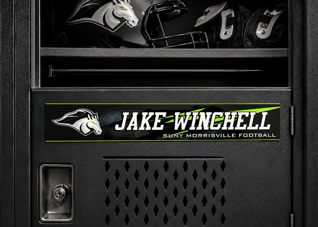 A custom sports locker door decal featuring the name 'JAKE WINCHELL' and 'SUNT MORRISVILLE FOOTBALL' with a horse logo, shown applied to a black metal locker door.