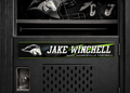A custom sports locker door decal featuring the name 'JAKE WINCHELL' and 'SUNT MORRISVILLE FOOTBALL' with a horse logo, shown applied to a black metal locker door.