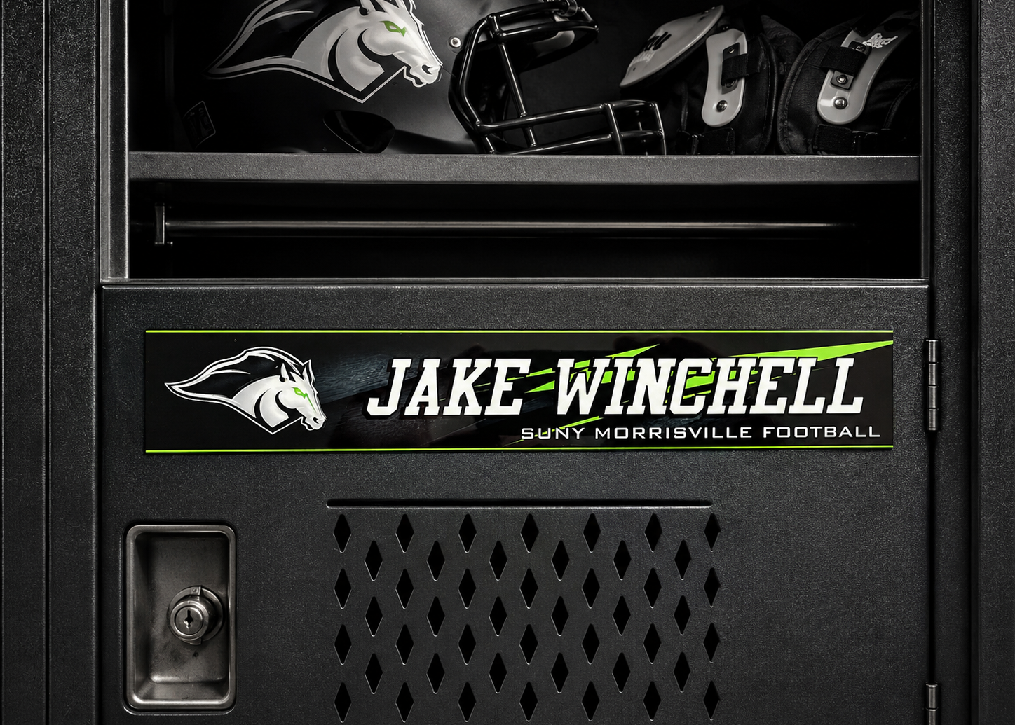 A custom sports locker door decal featuring the name 'JAKE WINCHELL' and 'SUNT MORRISVILLE FOOTBALL' with a horse logo, shown applied to a black metal locker door.