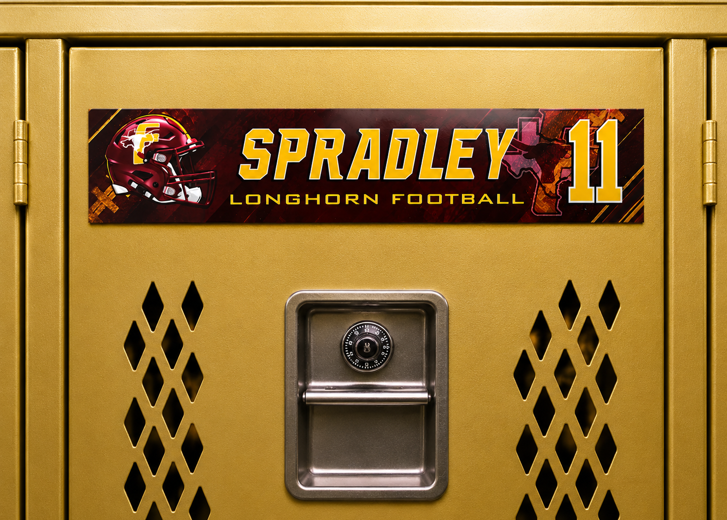 A close-up of a gold metal locker door with a custom sports decal reading 'SPRADLEY LONGHORN FOOTBALL' and the number '11', plus a football helmet graphic. A combination lock handle is centered on the door.