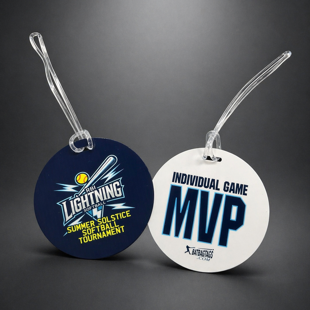 Two round tags with sports-themed designs on a gray background