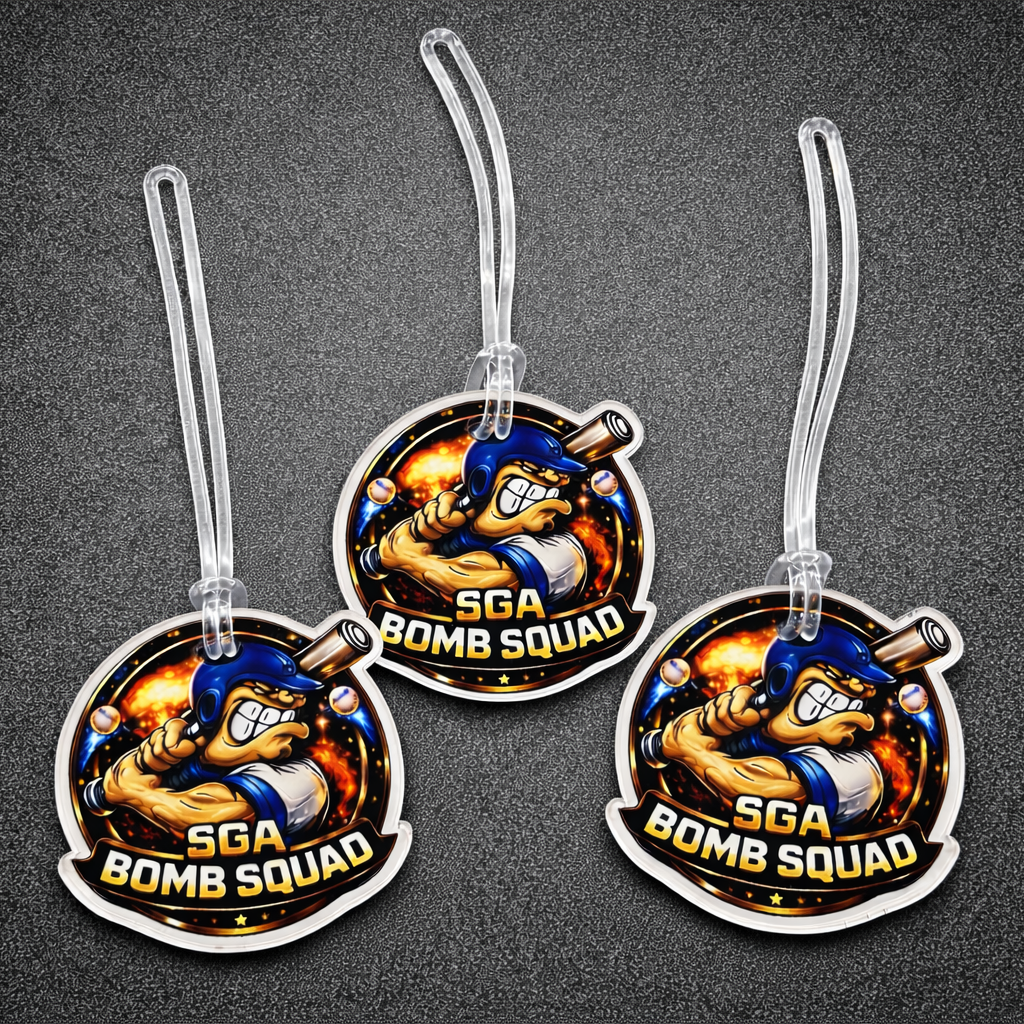 Three 'SGA Bomb Squad' themed bag tags on a dark textured background